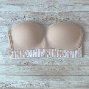 PINK nude lightly lined strapless bra, like new